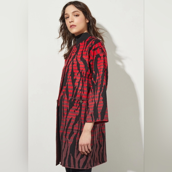 MING WANG Red Auburn Open Front Jacket in Animal Pattern Cozy Knit NWT Size S - Picture 3 of 14